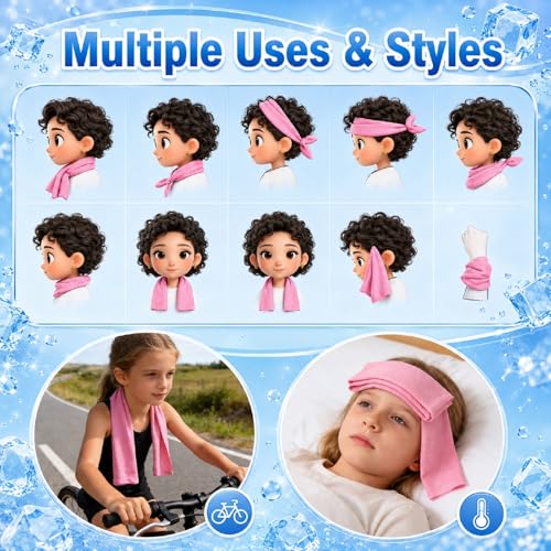 BobbleT Kids PVA Cooling Towels 4 Pack (30"x9") - Mini Instant Ice Cooling Towels for Neck & Face with UPF 50+ Sun Protection, Reusable Summer Heat Relief for Outdoor Activities, Pink - color: Pink