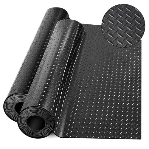 Diamond-Plate Rubber Flooring Rolls, 21FT *16IN Garage Floor Mat, 4 * 7Ft Cover Area PVC Garage Flooring Roll for Garage Floor, RV Trailer Flooring, Water/Stain Resistant Parking Mat Black(1Pcs) - color: Black