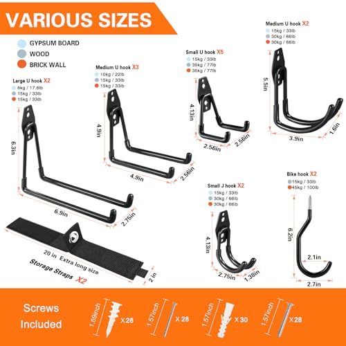 HUPBIPY 18 Pack Garage Hooks Heavy Duty, Wall Mount Ladder Hooks | Storage Organizer With a non-slip coating for Hanging Bicycles Garden Tools Ladders Hoses Ropes and Loose Items(Black) - color: 18 Pack Black