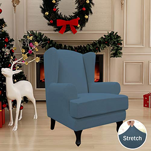 Easy-Going Stretch Wingback Chair Sofa Slipcover 2-Piece Sofa Cover Furniture Protector Couch Soft with Elastic Bottom, Spandex Jacquard Fabric Small Checks, Bluestone - color: Bluestone