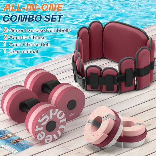 Sportneer Aquatic Exercise Equipment Water Aerobics Combo Set Includes High Density Water Weights Dumbbell Aqua Belt Water Ankle Weights for Pool Exercise Aquatic Therapy Pool Fitness Water Exercise - color: Pink, style: Aqua Exercise Set with Foam Cuffs