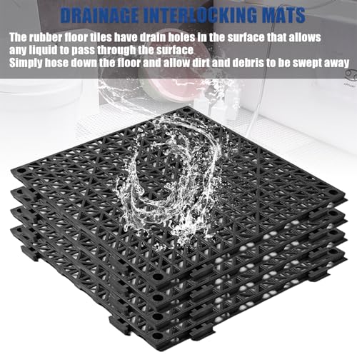 12” x 12” Drainage Interlocking Floor Tiles, 12 Pack Non-Slip Pool Deck Drain Mats for Flooring, Soft PVC Splicing Modular Cushion Mats, Rubber Floor Tiles with Holes for Shower Basement Garage Shed - size: Black