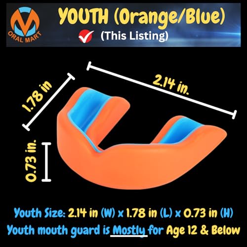 Oral Mart Youth Sports Mouth Guard for Kids (USA Flag, Fangs, 20+ Colors to Choose from) Mouthguard for Football, MMA, Karate, Boxing, Rugby, BJJ, Flag Football – /w Case (Youth, Strapless) - color: Orange / Blue