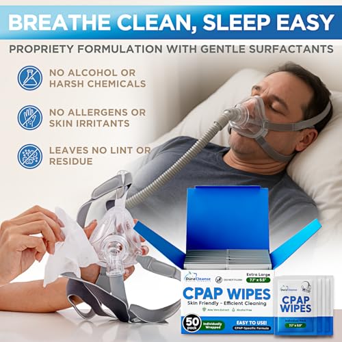 Dura Cleanse Extra Large, Extra Moist Cleaning Wipes for Full Face, Nasal Masks - 50 CPAP Travel Wipes - Unscented Cleaner for Sleep Machine, Supplies and Accessories - size: 50 Count (Travel Pack)