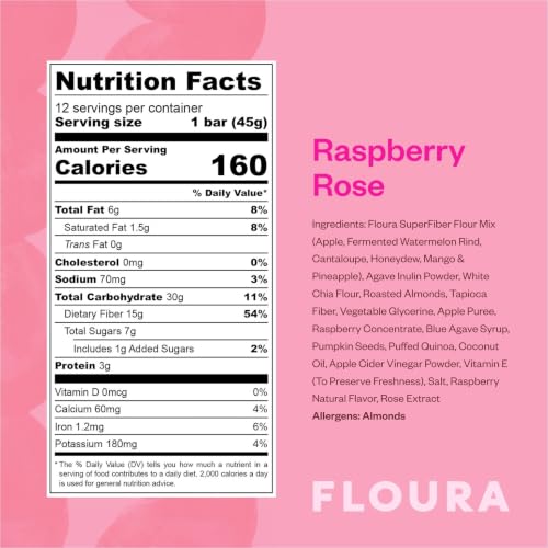 Floura Raspberry Rose Fruit-Forward Fiber Bars– High Fiber, Vegan, Gluten & Dairy Free, Low Calorie Healthy Snack Bars with Upcycled Produce for Gut Health [12 Pack] - size: 12 Pack