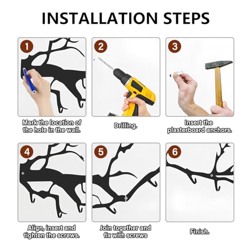 Wall Mounted Coat Hooks - Tree Branch Design with 8 Hooks, Heavy Duty Metal Coat Rack for Wall, Decorative Towel Hooks for Bathroom, Bedroom, Kitchen, Entryway - Black Artistic Hook Rack