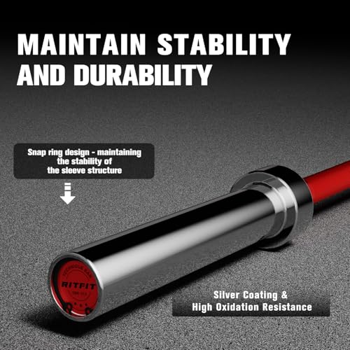 RITFIT Olympic Barbell 4ft/6ft - 2 Inch Weight Bar for Strength Training, Weightlifting, Squat, Deadlift, Bench Press, Curl, Overhead Press - 350lbs/500lbs Capacity - color: Silver/Red, size: 6FT without Collar