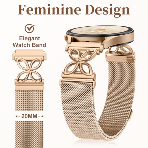 Getino Floral Metal Band Compatible with Galaxy Watch 7 Band 6 5 4 FE Active 2 40mm 44mm/Galaxy Watch 5 pro 45mm, 20mm Magnetic Strap for Samsung Watch Bands Women Stainless Steel Milanese Loop - color: Rose Gold