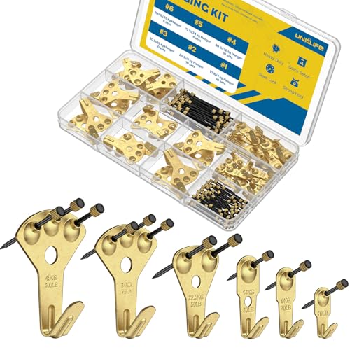 Uniclife 152 Pcs Heavy Duty Picture Hanging Kit, Picture Hanging Hooks,Gold | Picture hangers,10-100 lb weight ratings, for drywall & wood, frame hooks for hanging photos mirrors paintings - size: 152 PCS, style: Gold