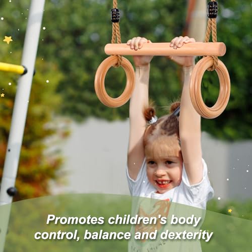 YAERSI Children's Trapeze Swing Bar with Wooden Gym Rings,Trapeze Bar for Swing Set - color: Round