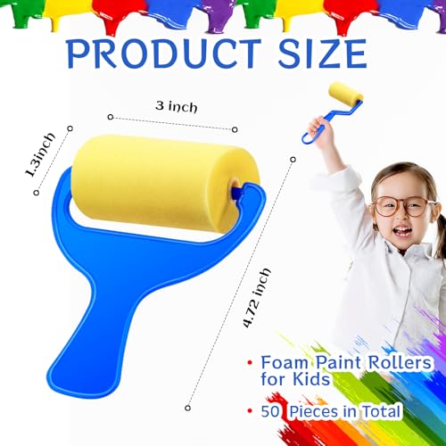 Tenceur Foam Paint Roller for Kids, 50 Pcs 3" Foam Paint Small Sponge Brushes with Blue Handle for Young Artists, Reusable & Washable Early School Classroom Supply for Crafts, Graffiti, DIY Art