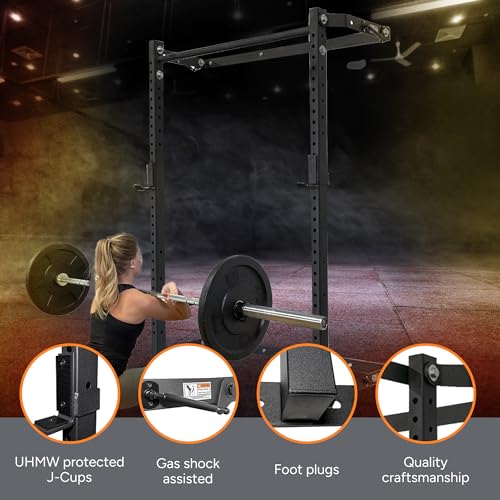 PRx Performance Murphy Foldable Squat Rack with Space-Saving Pull-Up Bar - Wall-Mounted Gym Equipment, Includes J-Cups for Barbell, Ideal for Strength Training, Bench Press and Leg Squats - color: Extended Pull-Up Bar
