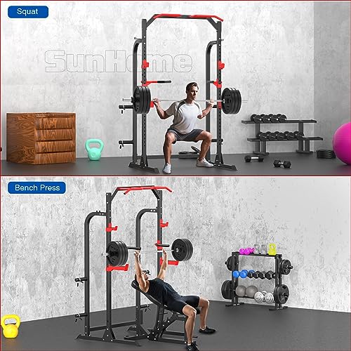 SunHome Power Cage Squat Rack, Power Rack with Pulley System, Adjustable Cable Crossover System, J-Hooks, Dip Handles, Weight Plate Storage - color: S5 with Bench