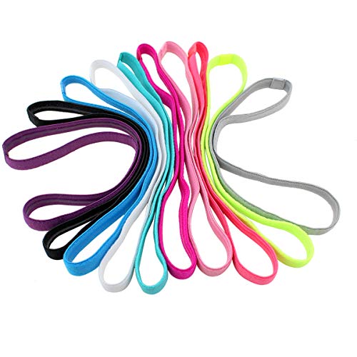 Girls Sport Headbands Non-Slip Hairband - Athletic Grip Elastic Single Skinny Sweatbands for Guide Sweat When Running Soccer Basketball Yoga Tennis Cycling 10 Pack - color: 10 color mixing