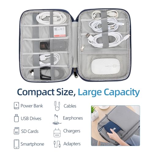 Cord Organizer Travel Case, Cable Organizer Bag for Chargers, USB Cables, Power Bank & Electronics Accessories, Portable Tech Organizer Pouch with Mesh Pockets, Water Resistant Travel Gear Bag - color: deep blue, size: S