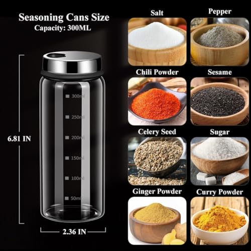Verdental 10 oz Salt Pepper Shakers with 3 Adjustable Outlet Holes | Clear Glass Shaker Bottles Spice Seasoning Cans for Kitchen Decor Home Restaurant BBQ Camping Farmhouse Kitchen Accessories - size: 300ML(2.36*6.81 IN)