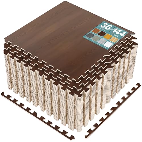 Sorbus 144 Sq. Ft. Wood Grain Floor Tiles Foam Mat EVA Interlocking Mats Tile 3/8-Inch Thick Flooring Wood Puzzle Exercise Mats w/Borders - Home Playroom Basement, Apartment, Trade Show, Baby, Dance - color: Mahogany, size: 36 Pack