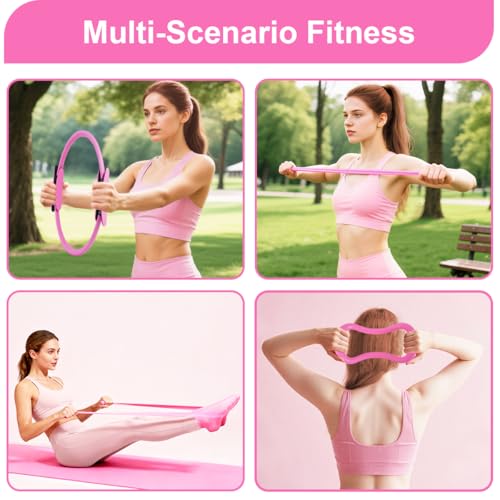 Home Pilates Kit for Women, Workout Set with 12.9" Ring, 9.8" Mini Ball, 4 Fabric Bands, Figure-8 Band, Stretch Band, D-Ring Strap, Cordless Jump Rope, Socks, Carry Bag - color: Pink