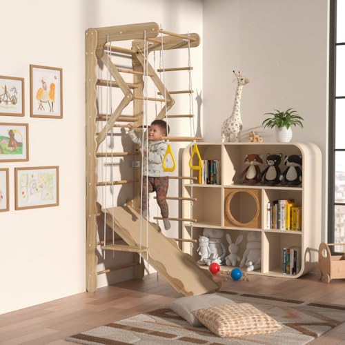 Indoor Wooden Climbing Wall Set, Natural Pine Material, 78.7x23.6 Inch Wall-Mounted Kids Gym with Slide, Rings and Rope Ladder, Weight Capacity 100 Pounds