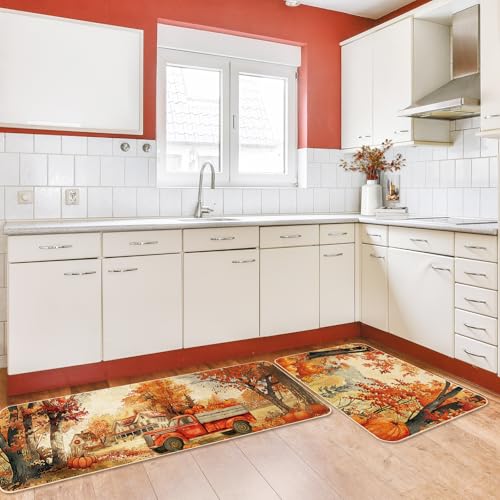 FYSUIMU Fall Kitchen Mats Fall Harvest Rugs Set of 2 Watercolor Autumn Maple Scene Pumpkin Truck Non-Slip Floor Mat Thanksgiving Aesthetic Decorative Bath Rugs for Home, 17 x 29 Inch & 17 x 47 Inch