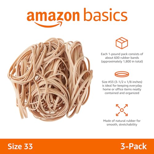 Amazon Basics Rubber Bands, Office Supplies, Size 33 (3-1/2 x 1/8 Inch), Stretchy, 600 Bands/1 lb Pack, 6-Pack, Tan - size: Size 33 (Pack of 2), style: 3-Pack
