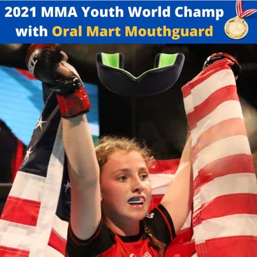 Oral Mart Youth Sports Mouth Guard for Kids (USA Flag, Fangs, 20+ Colors to Choose from) Mouthguard for Football, MMA, Karate, Boxing, Rugby, BJJ, Flag Football – /w Case (Youth, Strapless) - color: Black / Green