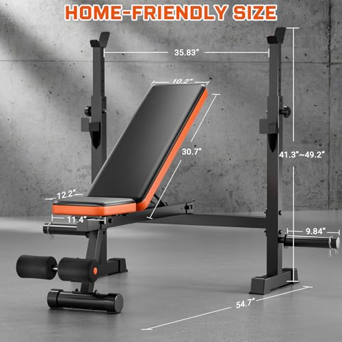 Adjustable Weight Bench with Squat Rack, 770lbs Heavy Duty Olympic Bench Press for Home Gym, Multi-Function Flat Incline Workout Bench Family Strength Training with Removable Foot Catch