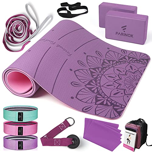 1/3 Yoga Mat Thick, Yoga Set for Beginners Include High Density Mat with Multi-loops Strap, Blocks, Booty Resistance Band Set, Door Anchor, Carring Bag & Strap - color: PURPLE&PINK