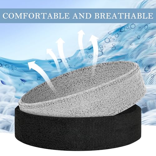 4 Pack Cotton Terry Sweat Headbands for Men Women Running Gym | 4 pack soft cotton terry headbands, Stretch 7 to 15 inches, Sweat-wicking, stays put for running, tennis, basketball & yoga - color: Black/Gray/White