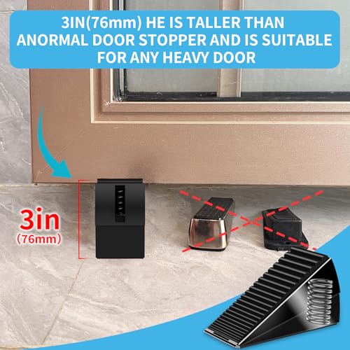 AIMAXINKE Door Stoppers for Bottom of Door-Large Heavy Duty Door Stop Wedge 3'' High Adjustable Spring Metal Tall Doorstop, Strongest Rubber Grip, Suits Carpet, Tile, Home, School +2 Wall Protector - color: Black
