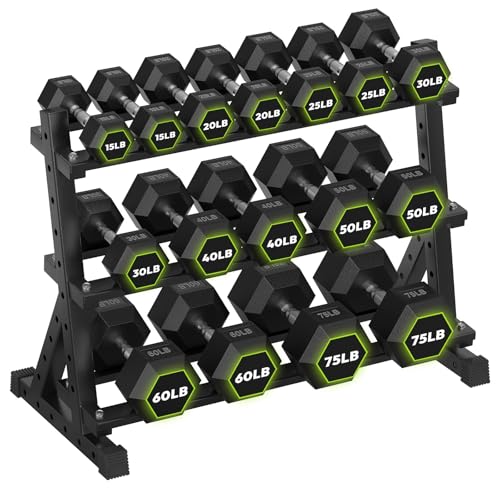 HANDBODE Dumbbell Set with 3-Tier Rack, 390-790 lb | Heavy Duty Weight Stand for Dumbbells, Space-Saving Metal Storage Organizer, Sturdy Dumbbell Holder for Home Gym - style: 630 lb Set (15-75 lb) *2 & Rack