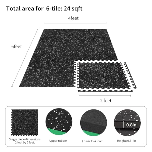 0.8in Thick 24 Sq Ft Gym Flooring for Home Gym, 6 Tiles Workout Exercise Equipment Mats, Rubber Top with EVA Foam, Interlocking Puzzle Floor Tiles for Fitness Room, Protective Flooring Mat - size: 0.8in