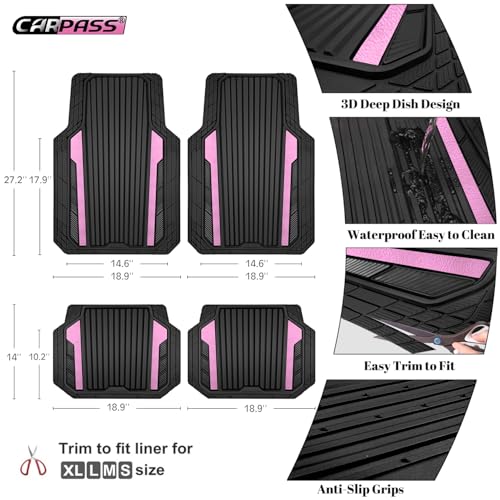 CAR PASS Heavy Duty Rubber Car Mats Metallic, Aluminum Film Cute All Weather Floor Mats Waterproof Universal Trim to Fit for SUV Sedan Van 4 Piece Deep Dish Two-Tone Sporty Black Light Pink Chrome - color: Black Light Pink