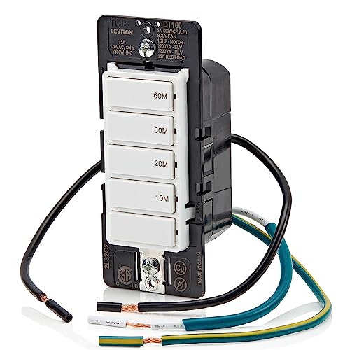 Leviton Countdown Timer Switch for bathroom fan and household lights, 10-20-30-60 min, No Neutral Required, Single Pole, 15A, 1/2HP/9.8A Fan/Motor, DT160-1LW, White - style: 10-20-30-60 min, No Neutral Required