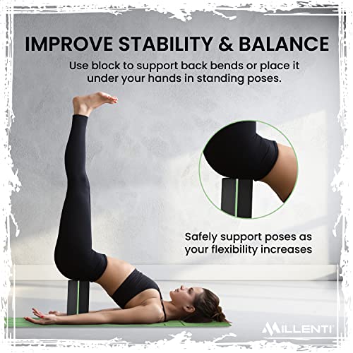 Millenti Gray Black Yoga Block Yoga Brick - Sold as Single EVA Foam Block, Bevelled Edge, Non-Slip, Latex-Free Block with a Workout Chart 9x6x4” - color: Green