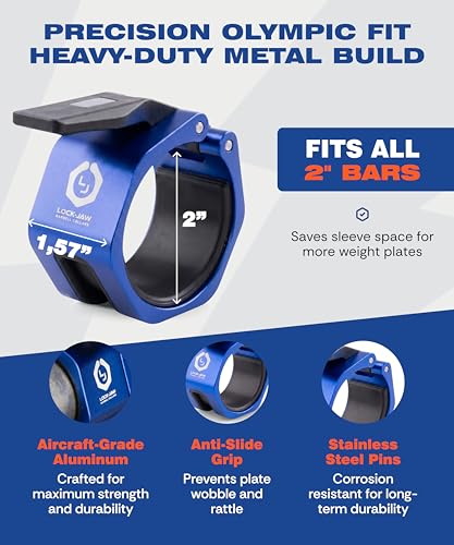 Lock-Jaw Metal Barbell Collars - Barbell Clamps - 1 Pair – Heavy Duty Bar Clamps for 2” & 50mm Olympic Bars – Secure Weight Bar Clamps for Strength Training & Home Gym Accessories - color: Blue