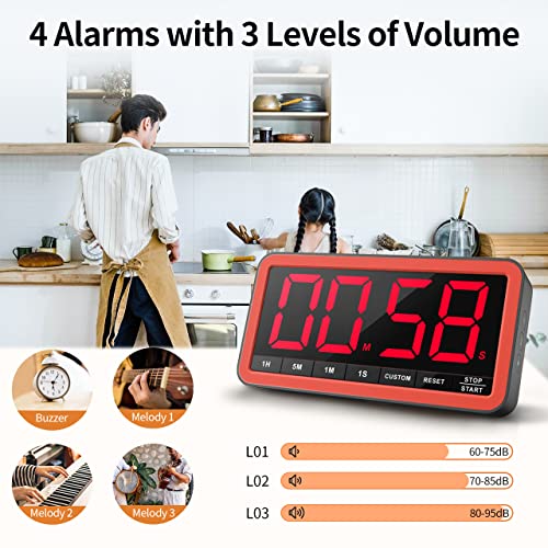 VOCOO Digital Kitchen Timer with 7.8” Extra Large Display, Magnetic LED, with 3 Brightness, 4 Alarms and 3 Volume Levels, Battery Powered Countdown Count Up Timer for Cooking, Classroom, Home Gym - color: Black Red