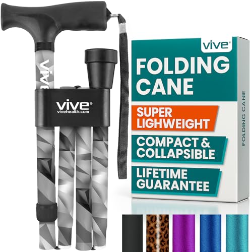 Vive Folding Cane - Foldable Walking Cane for Men, Women - Fold-up, Collapsible, Lightweight, Adjustable, Portable Hand Walking Stick - Balancing Mobility Aid - Sleek, Comfortable T Handles - color: Grey Poly