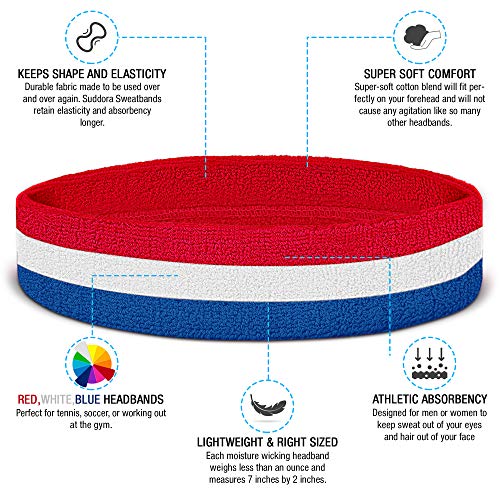 Suddora Striped Sweatband Set, Moisture Wicking 2 Wristbands and 1 Headband, Breathable Athletic Sweat Bands for Sports, Costumes & Cosplay, Matching Bands to Wear with Jersey - color: Red White and Blue
