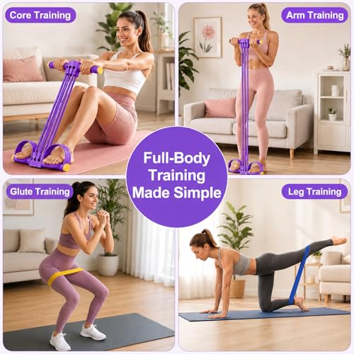 Pedal Resistance Band with Handle & Foot Pedal Resistance Band, 6-Tube Detachable Adjustable Thai Natural Rubber Band for Abs, Arms, Waist & Legs, Home Workout Equipment - color: purple