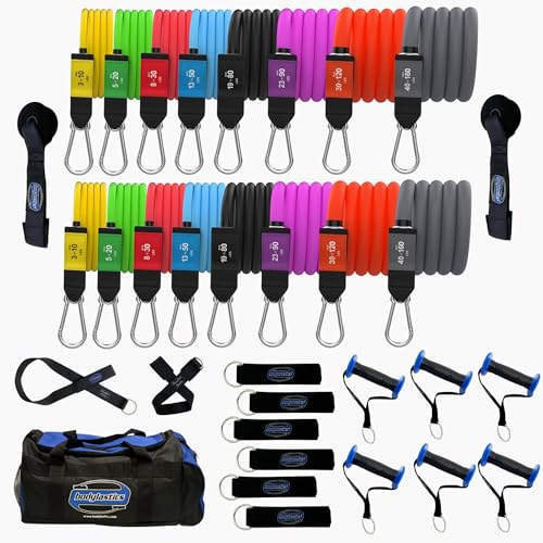Bodylastics Patented Basic Series Resistance Band Set - Resistance Bands with Snap Reduction Tech, 2 Handles, 2 Ankle Straps, 1 Door Anchor & 1 Carry Bag - color: PRO 3-1120 LBS Set Assorted