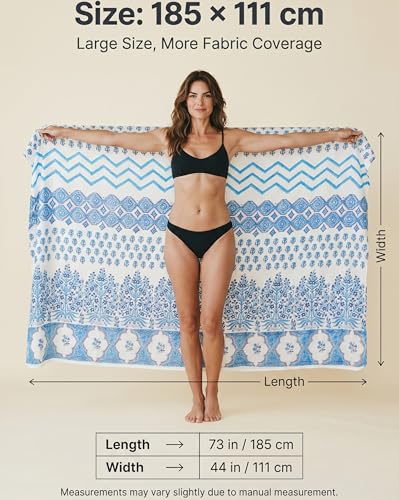 Beach Cover Ups for Women, Cotton Sarong Wrap Pareo | 100% Cotton Sarong Wraps For Women, 73 x 44 In. Pareo Beach Wrap, Bikini Cover Up, Bathing Suit Cover Up, Resort Wear - color: Blue Wave
