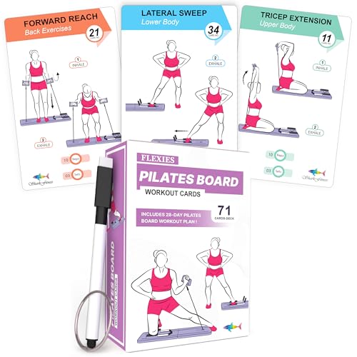 Flexies Pilates Board Workout Cards | 71 Reformer Board Exercise Cards with Postures, Instructions & Breathing Tips | Waterproof Color-Coded Fitness Cards Deck + 28 Day Challenge with Dry-Erase Marker