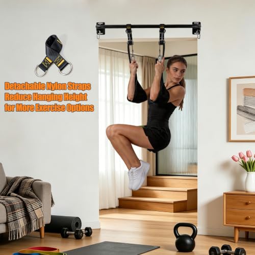 Wall Mounted Pull Up Bar with Hanging Ab Straps, Carbon Steel Chin Up Bar with 8mm Steel Plates, Adjustable Oxford Cloth Ab Sling Straps for Pull Ups, Knee Raises, Leg Raises, Home Gym Training（Black- Ab Straps） - color: Black