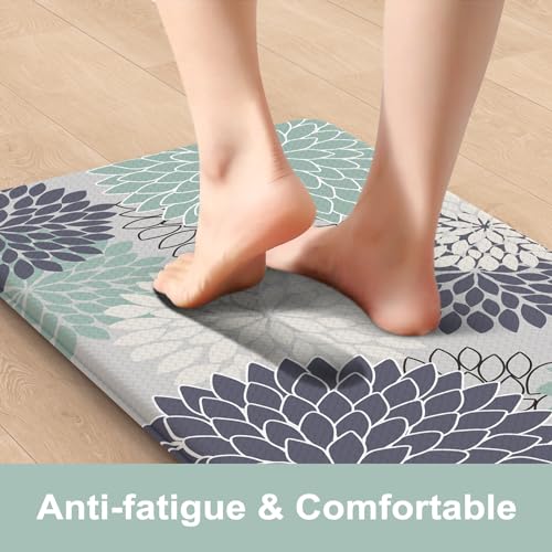 Anti Fatigue Kitchen Mats,Non Slip Boho Dahlia Kitchen Rugs Sets 2 Piece,Waterproof Farmhouse Kitchen Mat for Floor,Cushioned Standing Mat for Office,Laundry,Sink,Desk,Mutil-Cyan - color: Bluish Blue, size: 17.3" x 59 "+ 17.3" x 29 "--0.47 inches