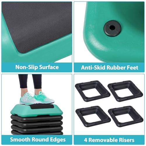 F2C Aerobic Step Exercise Platform Stepper with 4 Risers 16" x 16", Adjustable Height 4"-6''-8''-10''-12" Home Gym Workout Equipment, Fitness Exercise Equipment, Workout Stair Stepper - color: Green