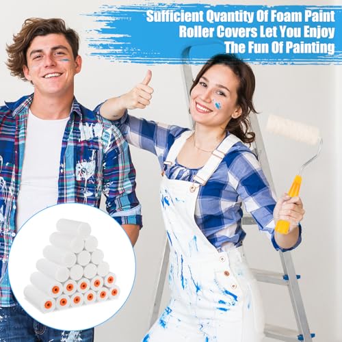 100 Pcs 4 Inch Foam Paint Roller with 2 Handles, Mini High Density Foam Roller Refills Paint Edger Tool for Walls Brings Smooth Finishes Flat Surfaces (White)