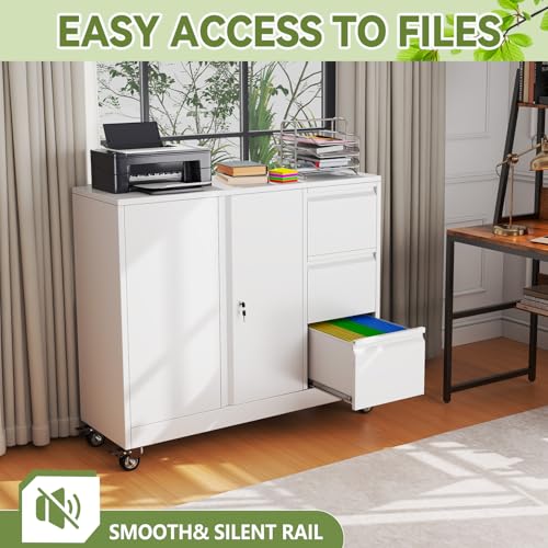 Mobile Large Lateral File Cabinet 3-Drawer,Home Office Rolling Filing Storage Cabinets with Lock & Wheels,Metal Printer Stand Office Storage A4,Letter Legal File Folders - color: White, size: 3Draws