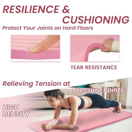 Signature Fitness Extra Thick High-Density Foam Yoga Mat – Multiple Thicknesses (1/2" & 1") / Multiple Colors – Double-Sided Non-Slip Surface – with Carrying Strap for Pilates, Yoga & Home Workouts - color: Pearly Pink