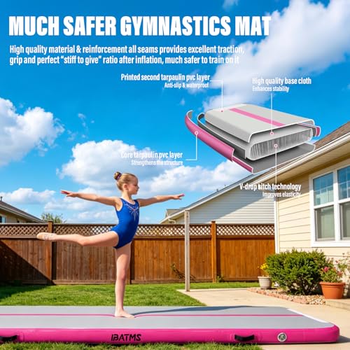 IBATMS Inflatable Gymnastics Mat 10/13/16/20ft, Air Tumbling Mat Track - color: Pink, size: 16ft(5x0.9x0.1m)